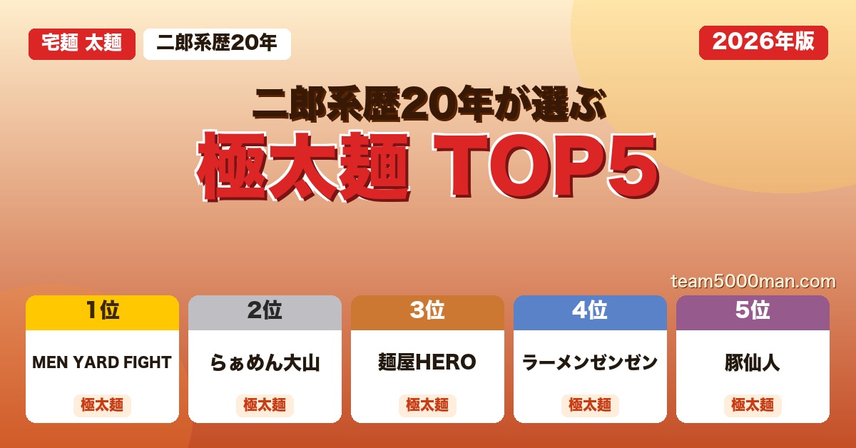 宅麺 太麺おすすめ5選 極太麺ランキングTOP5（1位MYF・2位大山・3位HERO・4位ゼンゼン・5位豚仙人）