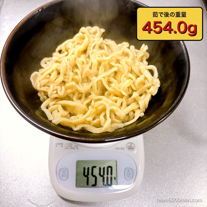 茹で上げた麺は454.0g。茹で前の約1.6倍に