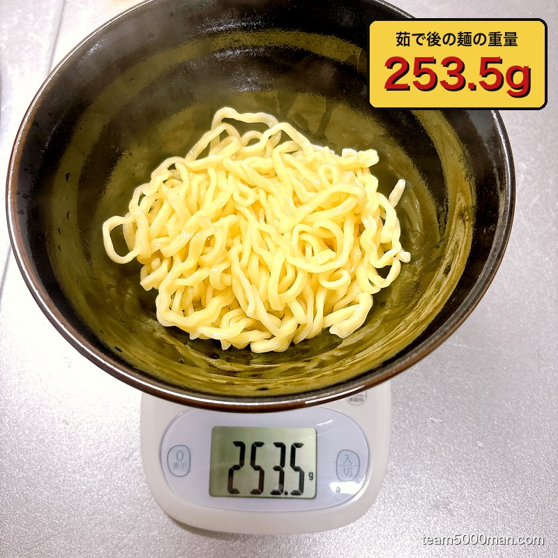 茹で後の麺の実測重量253.5g