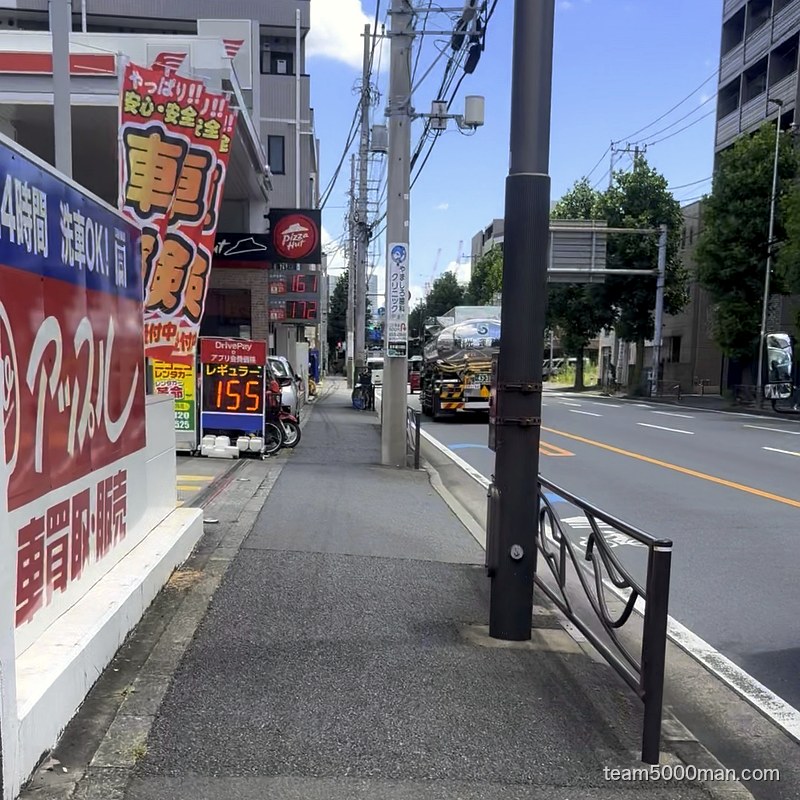 大通り沿いの歩道。ピザハットとガソリンスタンド