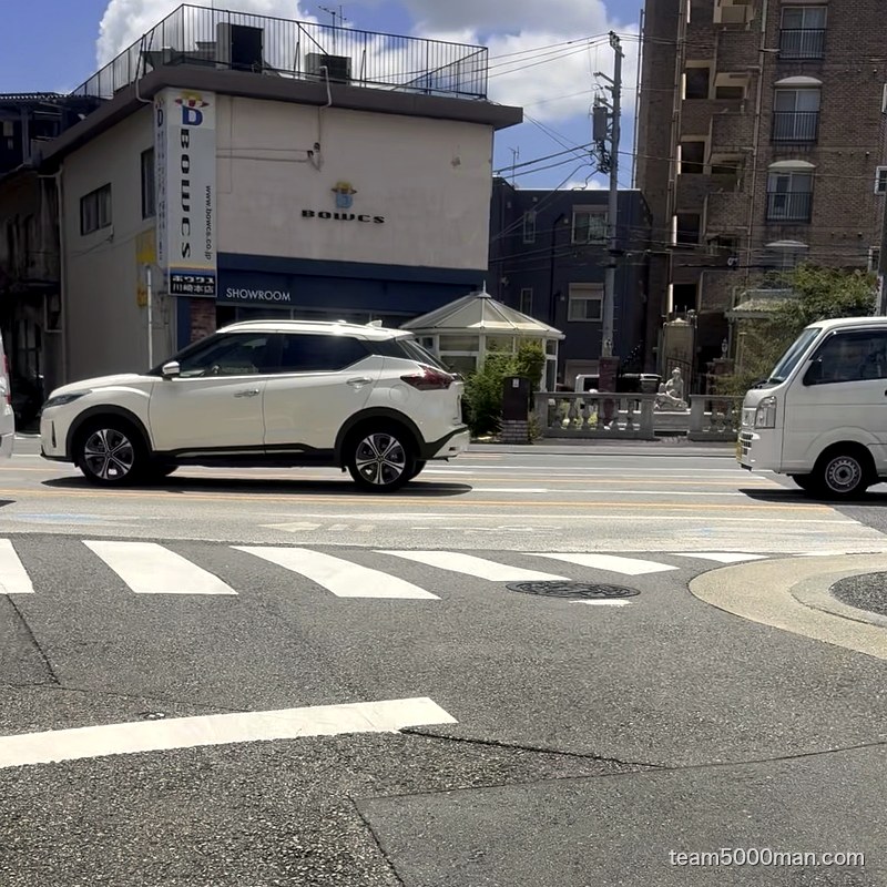 大通りに突き当たった地点。車が行き交う道路と横断歩道が見える