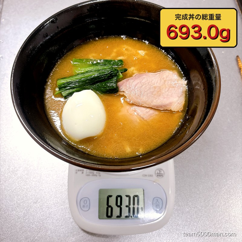 神田ラーメンわいず完成丼の総重量。実測693.0g