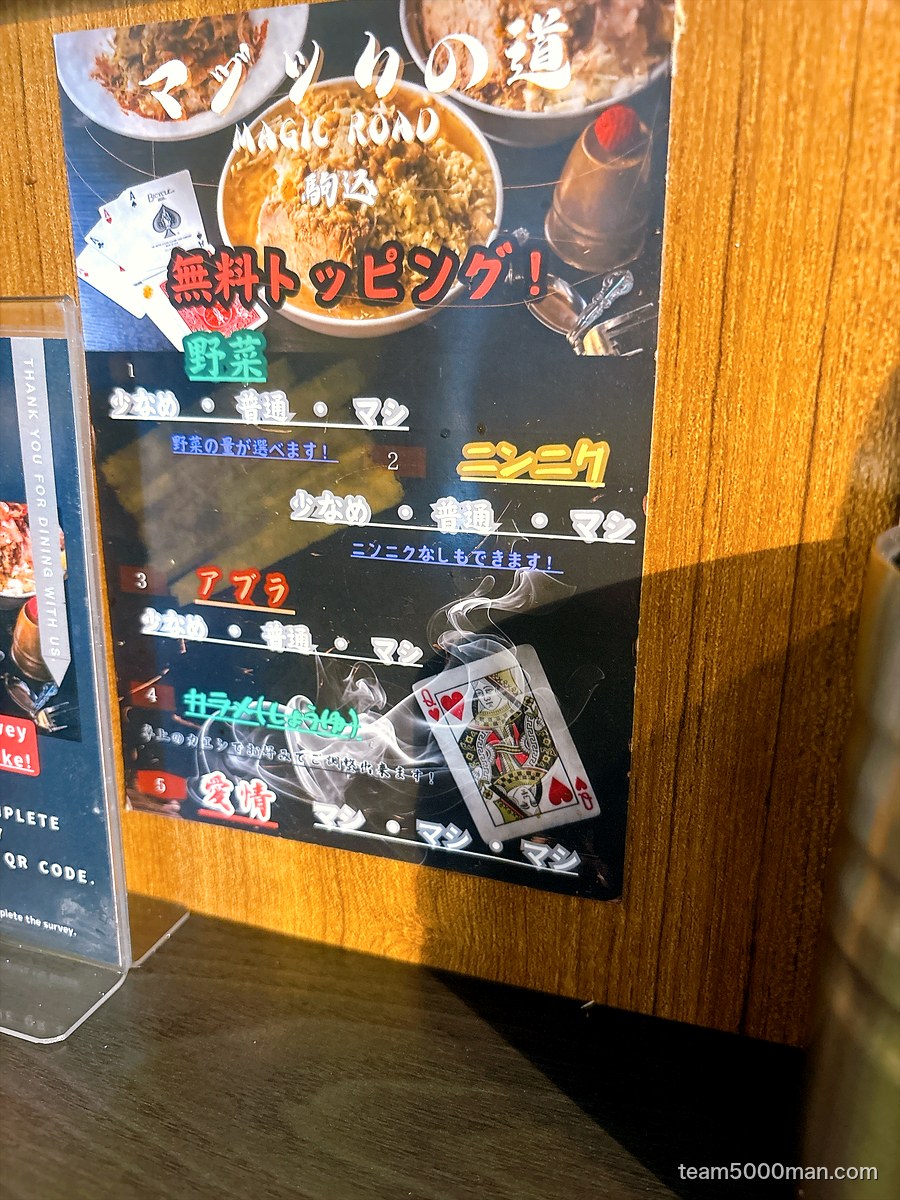 卓上の無料トッピング表。野菜・ニンニク・アブラ・カラメをコールで指定する