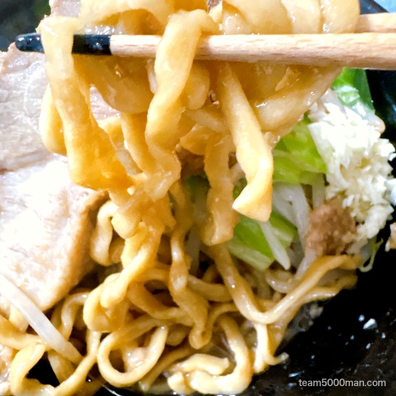 俺の生きる道 汁なしの麺リフト。平打ちウェーブの極太麺にタレが絡んでいる