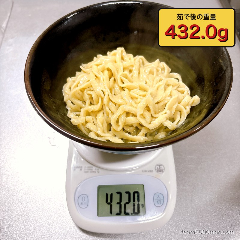 茹で上がったラーメンマルキの麺は432.0g。茹で前の約1.7倍にふくらんだ