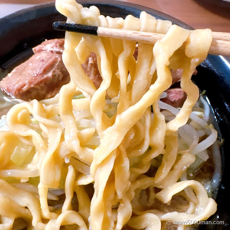 ラーメンマルキの麺に寄ったカット。小麦の密度が高いオーション麺