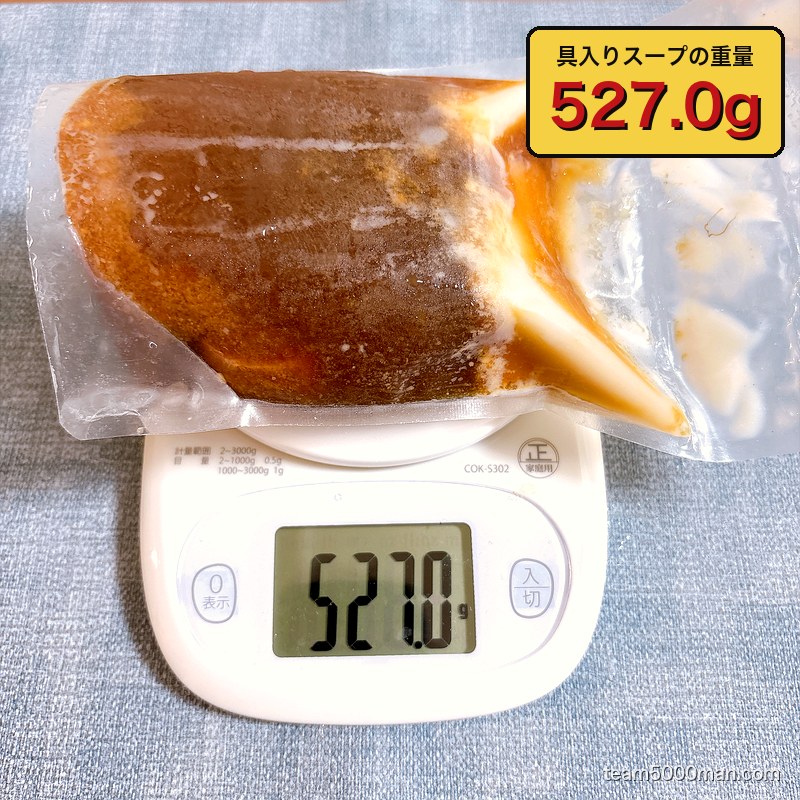 ラーメンマルキの具入りスープを計量。袋ごとで527.0g