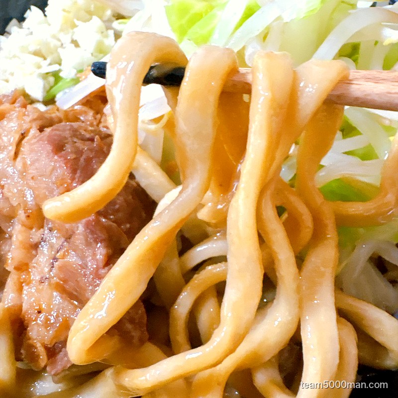 えびラーメンの極太ストレート麺を箸で持ち上げたところ