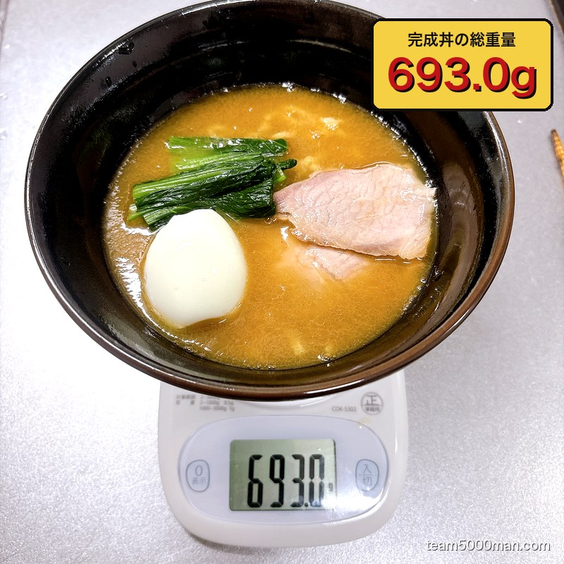神田ラーメンわいず完成丼の総重量。実測693.0g