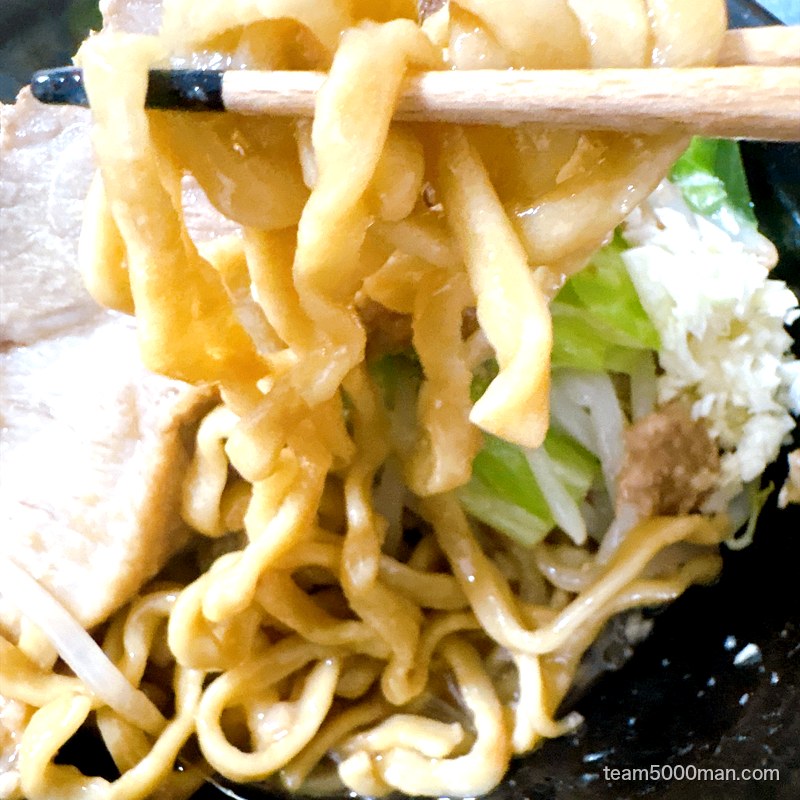 俺の生きる道 汁なしの麺リフト。平打ちウェーブの極太麺にタレが絡んでいる