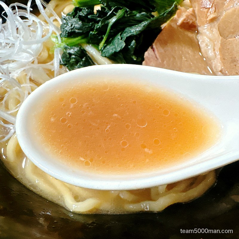 らーめん一二三家 マイルドなとんこつ醤油スープをレンゲですくったところ