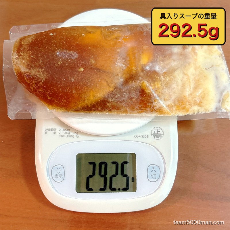 らーめん一二三家 チャーシュー入りの具入りスープを計量 292.5g