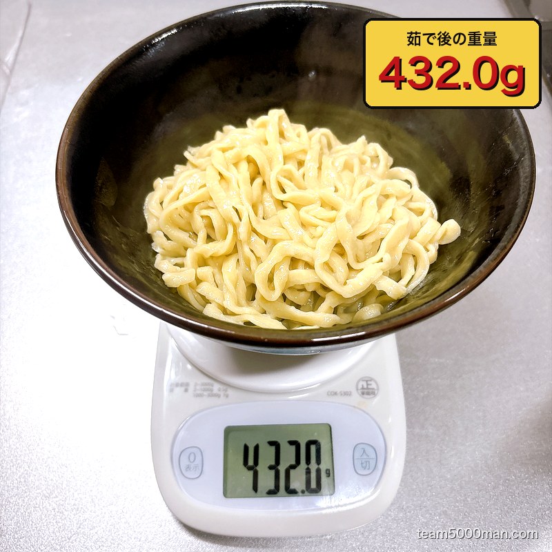 茹で上がったラーメンマルキの麺は432.0g。茹で前の約1.7倍にふくらんだ