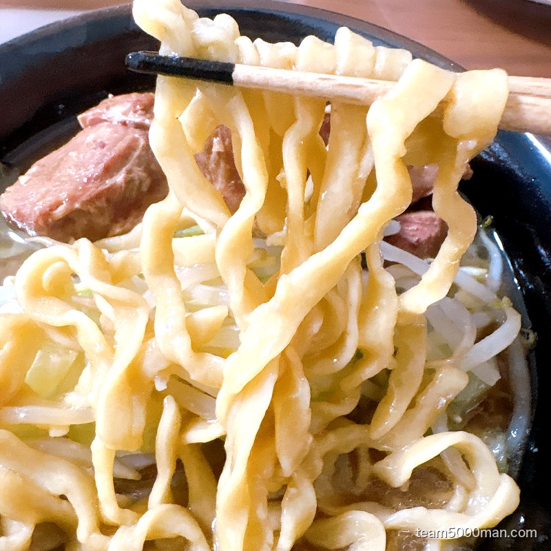 ラーメンマルキの麺に寄ったカット。小麦の密度が高いオーション麺
