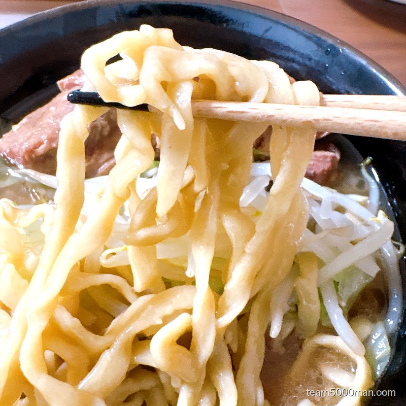 ラーメンマルキの自家製オーション麺のリフト。ウェーブがかった平打ちの麺